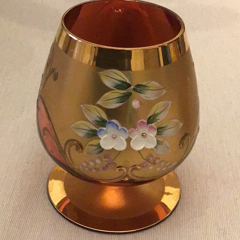 Set of 5 Bohemian crystal cognac glasses. Enamel raised flowers, 24 k gold leaf